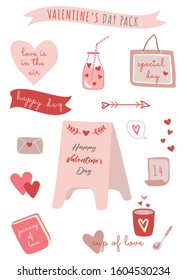 Valentine's Day theme doodle set. Hand-drawn romantic symbols