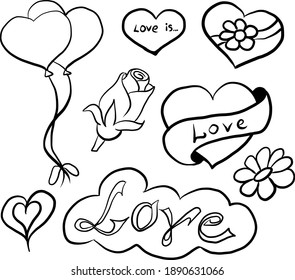 Valentine's Day theme doodle set. Traditional romantic symbols. Freehand vector drawing.