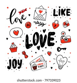 Valentine's Day theme doodle set. Traditional romantic symbols heart shapes, key,tickets, arrows, gift box, for you letters. Freehand vector drawing