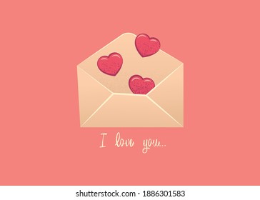 Doodle temático de San Valentín Vector icono de la carta de correo dibujada a mano con forma de corazón y texto I Love You. Tarjeta de felicitación