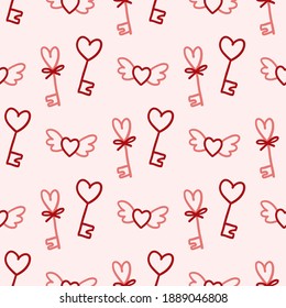 Valentines Day theme doodle Vector Seamless Pattern of hand drawn key with heart shape on a pink background for girls textile