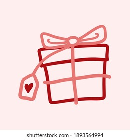 Valentines Day theme doodle Vector icon of present box with a bow isolated on a pink. Hand drawn line illustration