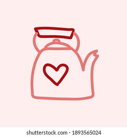 Valentines Day theme doodle Vector icon of hand drawn teapot with heart shape on a pink background.