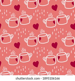 Valentines Day theme doodle Vector seamless pattern of hand drawn two cups of tea of coffee with heart shape.