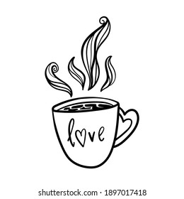 Valentines Day theme doodle Vector icon of hand drawn cup of tea of coffee with Text Love isolated on a white.