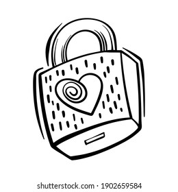 Valentines Day theme doodle Vector icon of hand drawn lock with heart shape on a white background.