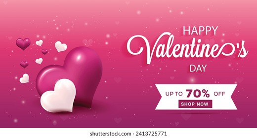 Valentine's Day Theme Realistic Editable Eps Sale Banner, Shiny Background Decoration With White And purple Hearts 