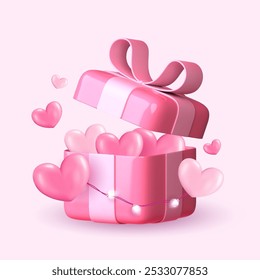 Valentine's Day theme with realistic gift boxes. An open box filled with festive decorations. Ideal for holiday banners, web posters, flyers, elegant brochures, greeting cards, and romantic background