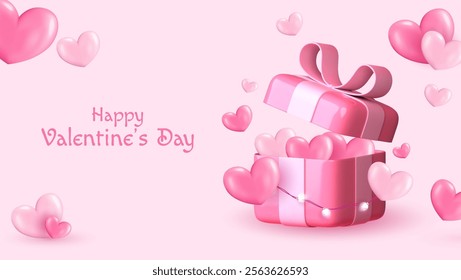 Valentine's Day theme with realistic gift boxes. An open box filled with festive decorations. Ideal for holiday banners, web posters, flyers, elegant brochures, greeting cards, and romantic background