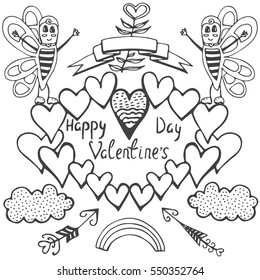 Valentine's day theme. Romantic cute elements in doodle style. Hand drawn vector illustration with hearts, clouds, butterfly and arrows. Design for prints and T-shirts.