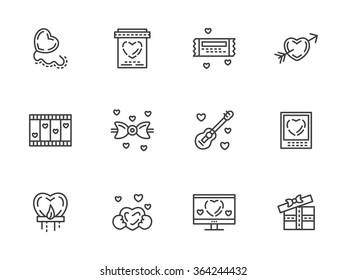 Valentines day theme. Romantic gift, messages, propose. Love store sign. Set of simple black line vector icons. Elements for web design and mobile.