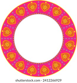 Valentines day theme round frame in folk mexican style