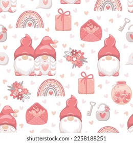 Valentine's Day theme seamless pattern with gnomes, rainbows, flowers, lock, gift, letter and jar with hearts. Vector illustration. 