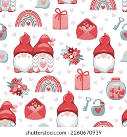 Valentine's Day theme seamless pattern with gnomes, rainbows, flowers, lock, gift, letter and jar with hearts. Vector illustration. 