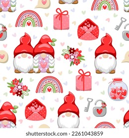 Valentine's Day theme seamless pattern with gnomes, rainbows, flowers, lock, gift, letter and jar with hearts. Vector illustration.