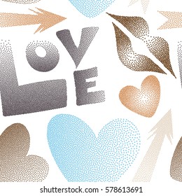 Valentine's day theme. Seamless pattern with arrow, hearts, kiss, lips, love text in dots. Vector pattern in orange and gray colors on a white background.