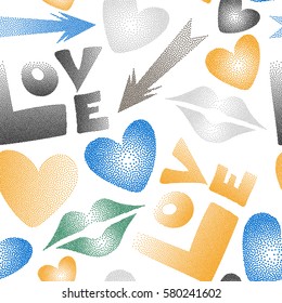 Valentine's day theme. Seamless pattern with arrow, hearts, kiss, lips, love text in dots. Vector pattern in green, gray and yellow colors on a white background.