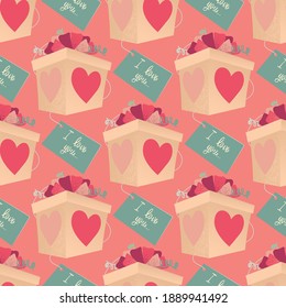 Valentines Day theme Vector seamless pattern of present box with a bow and text I Love You isolated on a pink.