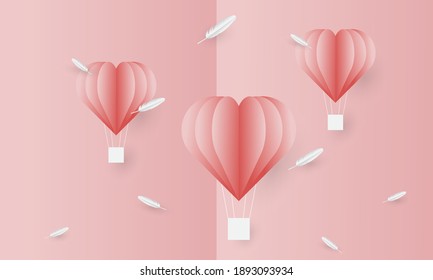 Valentine's Day themed background design in a paper cut style, with elements of hearts, feathers, hot air balloons, perfect for love and valentine themed backgrounds