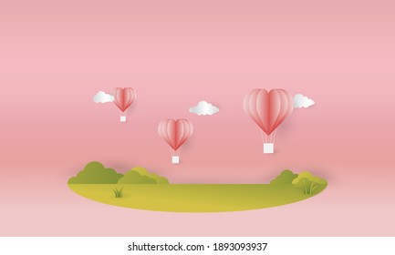 Valentine's Day themed background design in a paper-cut style, with hearts, clouds and hot air balloon elements, perfect for love and valentine themed backgrounds