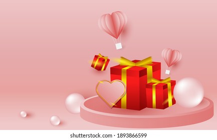 Valentine's Day themed background design in a paper cut style, with hearts, gift boxes, pearls, hot air balloons elements, perfect for love and valentine themed backgrounds