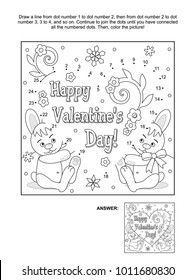 Valentine's Day themed connect the dots picture puzzle and coloring page with hidden heart, greeting text, two cute bunnies, flowers and snowlakes. Answer included.