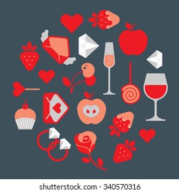 Valentine's day themed design element with symbols of romance with silhouettes of air balloons, kites and aircraft.