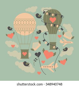 Valentine's day themed design element with symbols of romance with silhouettes of air balloons, kites and aircrafts.