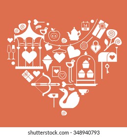 Valentine's day themed design element with symbols of romance in a shape of heart.