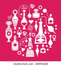 Valentine's day themed design element with symbols of romance. Shape of circle made of perfume bottles.