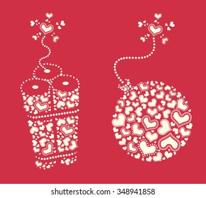 Valentine's day themed design element, shape of bomb made of hearts silhouette.