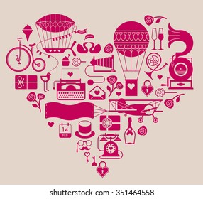 Valentine's day themed design element with symbols of romance in a shape of heart.