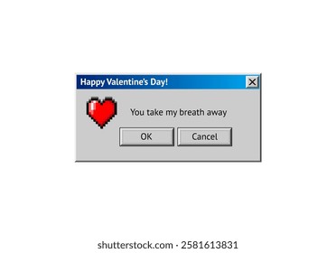 Valentine's Day themed dialogue box with y2k styled red pixel heart icon. Abstract vaporwave 00s aesthetics window, with 90s style love system message