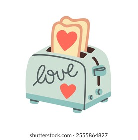 Valentine's Day themed flat style illustration of a cute toaster with heart-shaped bread slices and love written on it, representing love and warmth. Perfect for holiday cards or decorations.