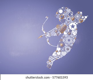 Valentines Day themed illustration, vector background with cupid throwing arrows made of abstract shapes, vibrant light effects and textured copy space