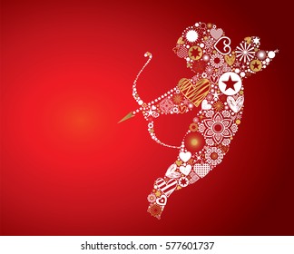 Valentines Day themed illustration, vector background with cupid throwing arrows made of abstract shapes, vibrant light effects and textured copy space