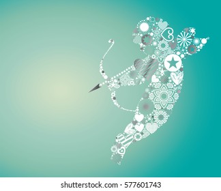 Valentines Day themed illustration, vector background with cupid throwing arrows made of abstract shapes, vibrant light effects and textured copy space