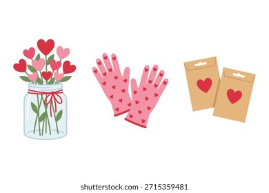 Objetos temáticos de San Valentín. Tarro con flores de corazón, guantes de corazón, paquetes de semillas con corazones. Artículos románticos.
