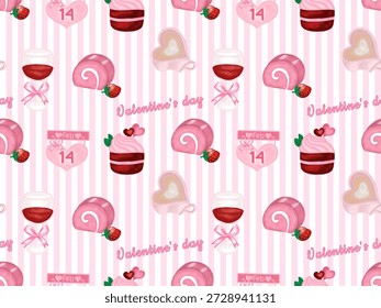Padrão sem costura com tema de Dia dos Namorados com um bolo de rolo rosa com morangos, cupcake de veludo vermelho, copo de vinho tinto e Dia dos Namorados, calendário de 14 de fevereiro com listras de fundo verticais.