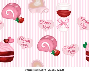 Valentine's Day themed seamless pattern with pink roll cake with strawberries,red velvet cupcake, glass of red wine, and heart with the words "Sweet Day" on vertical stripes background.