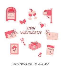 Valentine's Day themed vector illustration in flat style. Includes romantic elements: gifts, hearts, envelopes, wine glasses, and love letters. Perfect for cards, decorations, and holiday projects.