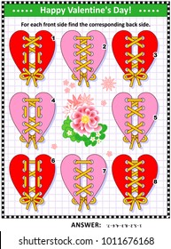 Valentine's Day themed visual puzzle with heart shaped cards and lacings: For each front side find the corresponding back side. Answer included.