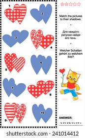Valentine's Day themed visual puzzle or riddle: Match the pictures to their shadows. Answer included. 