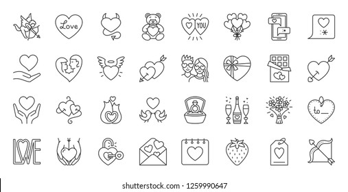 Valentines Day thin line icon set. Outline sign kit of love. Couple Hearts linear icons of cupid bow, diamond ring, candy chocolate. Simple february 14 black symbol on white. Vector Illustration