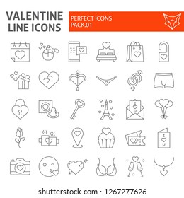 Valentines day thin line icon set, romantic symbols collection, vector sketches, logo illustrations, love signs linear pictograms package isolated on white background, eps 10.