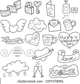 Valentines Day thin line icon set. Outline sign kit of love. Couple Hearts linear icons of cupid bow, Simple february 14 black symbol on white. Vector Illustration
