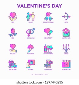 Valentine's day thin line icons set: couple in love, romantic evening, cupid bow, balloons, envelope, gift card, candles, love message, gift delivery. Modern vector illustration.