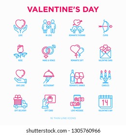 Valentine's day thin line icons set: couple in love, romantic evening, cupid bow, balloons, envelope, gift card, candles, love message, gift delivery. Modern vector illustration.