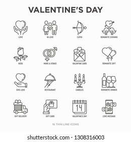 Valentine's day thin line icons set: couple in love, romantic evening, cupid bow, balloons, envelope, gift card, candles, love message, gift delivery. Modern vector illustration.