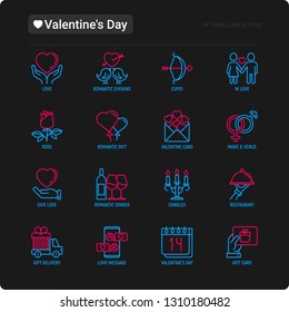 Valentine's day thin line icons set: couple in love, romantic evening, cupid bow, balloons, envelope, gift card, candles, love message, gift delivery. Modern vector illustration.